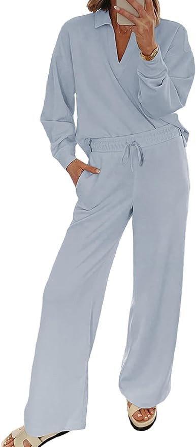 EVALESS Two Piece Sets for Women Lounge Sets Casual V Neck Sweatshirt and Wide Leg Sweatpants Mat... | Amazon (US)