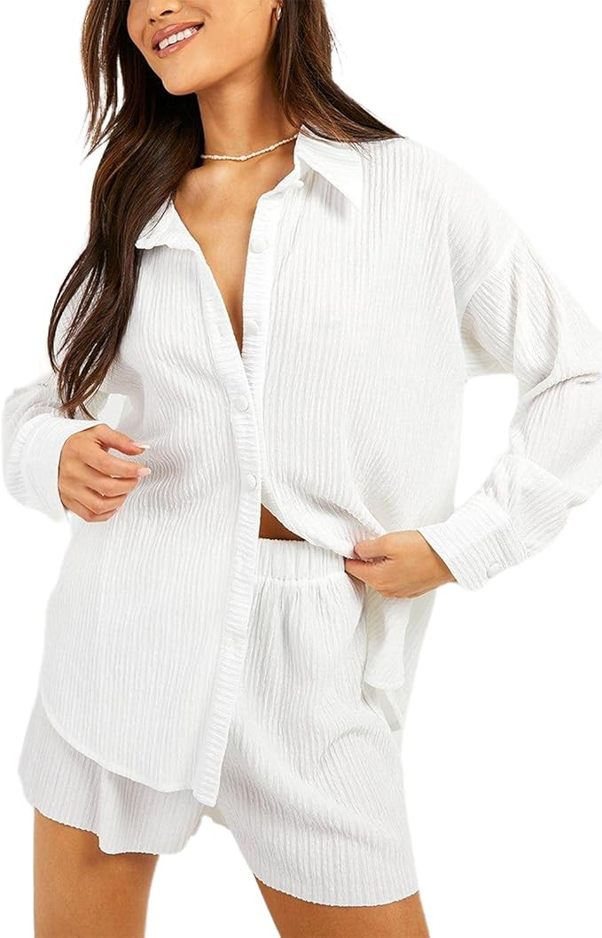 Sunwittafy Womens Casual 2 Piece Outfits Shorts Set Fashion Long Sleeve Button Down Shirt Short P... | Amazon (US)