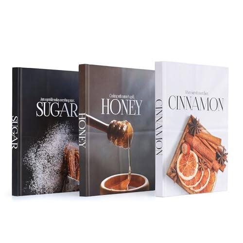 Decorative Book for Home Decor – Sugar, Honey & Cinnamon Decorative Book Set – Neutral Faux Hardcover Books for Kitchen, Coffee Table, Living Room, Shelf Styling – Blank Interior – Set of 3 | Amazon (US)