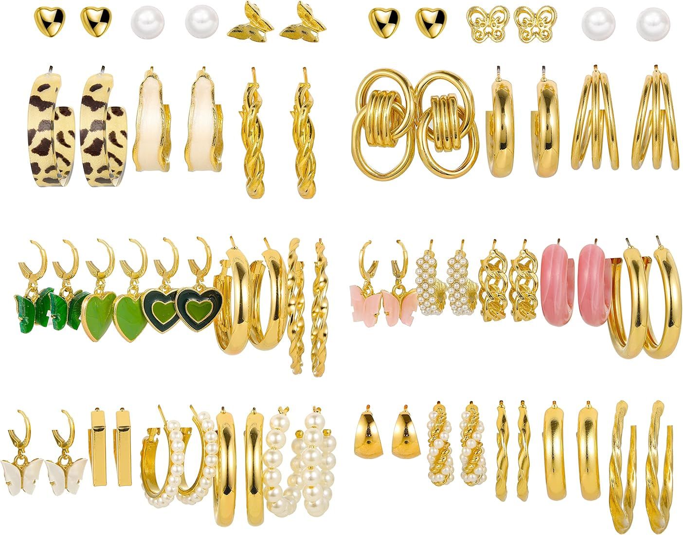 32 Pairs Gold Hoop Earrings Set for Women Girls, Fashion Chain Link Hoop Stud Drop Dangle Earring... | Amazon (US)