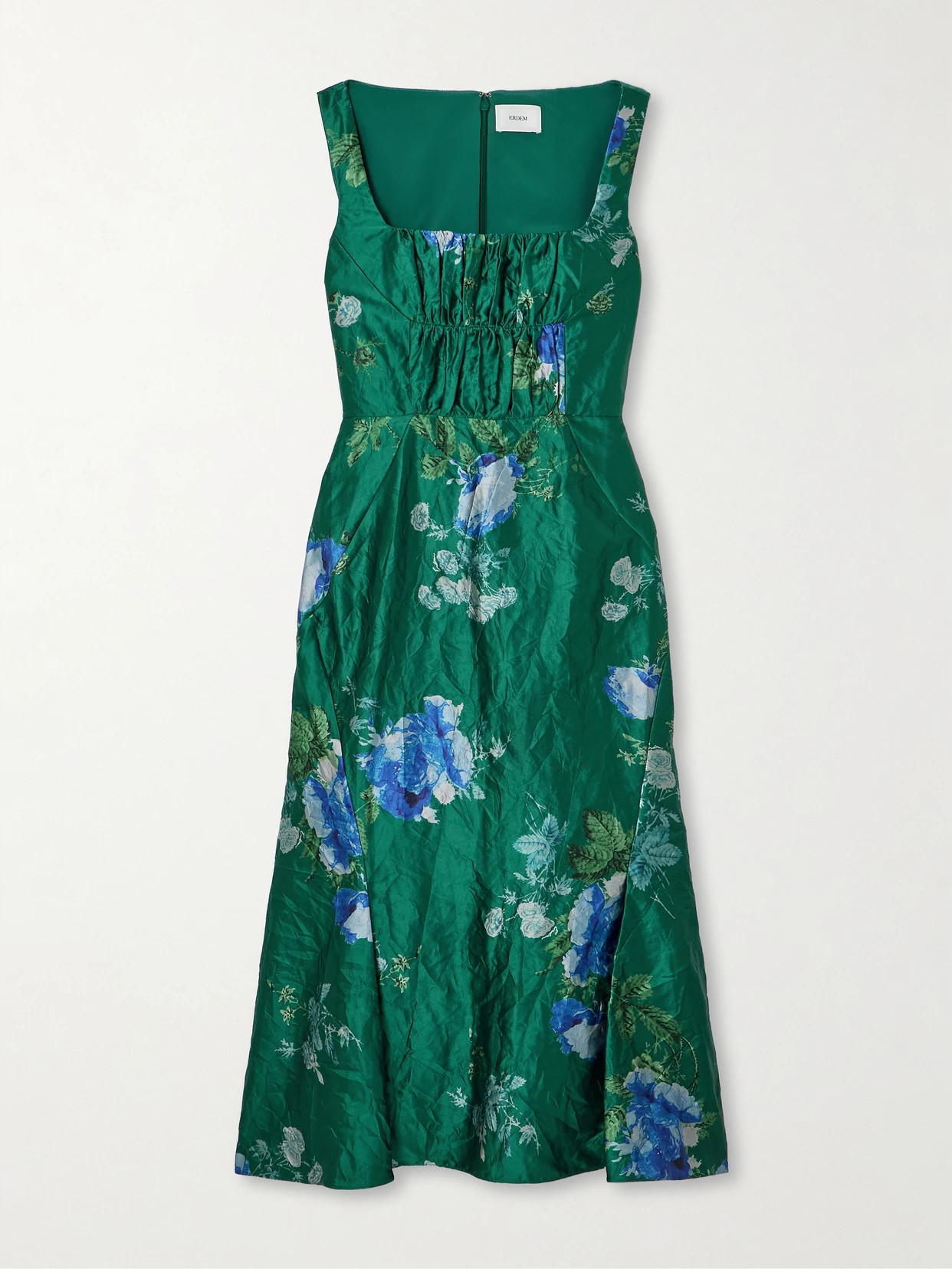 Erdem - Gathered Floral-print Crinkled-satin Midi Dress - Blue | NET-A-PORTER (US)