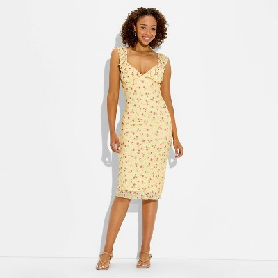 Women's Ruffle Sleeve Midi A-Line Dress - Wild Fable™ Yellow Floral XXS | Target
