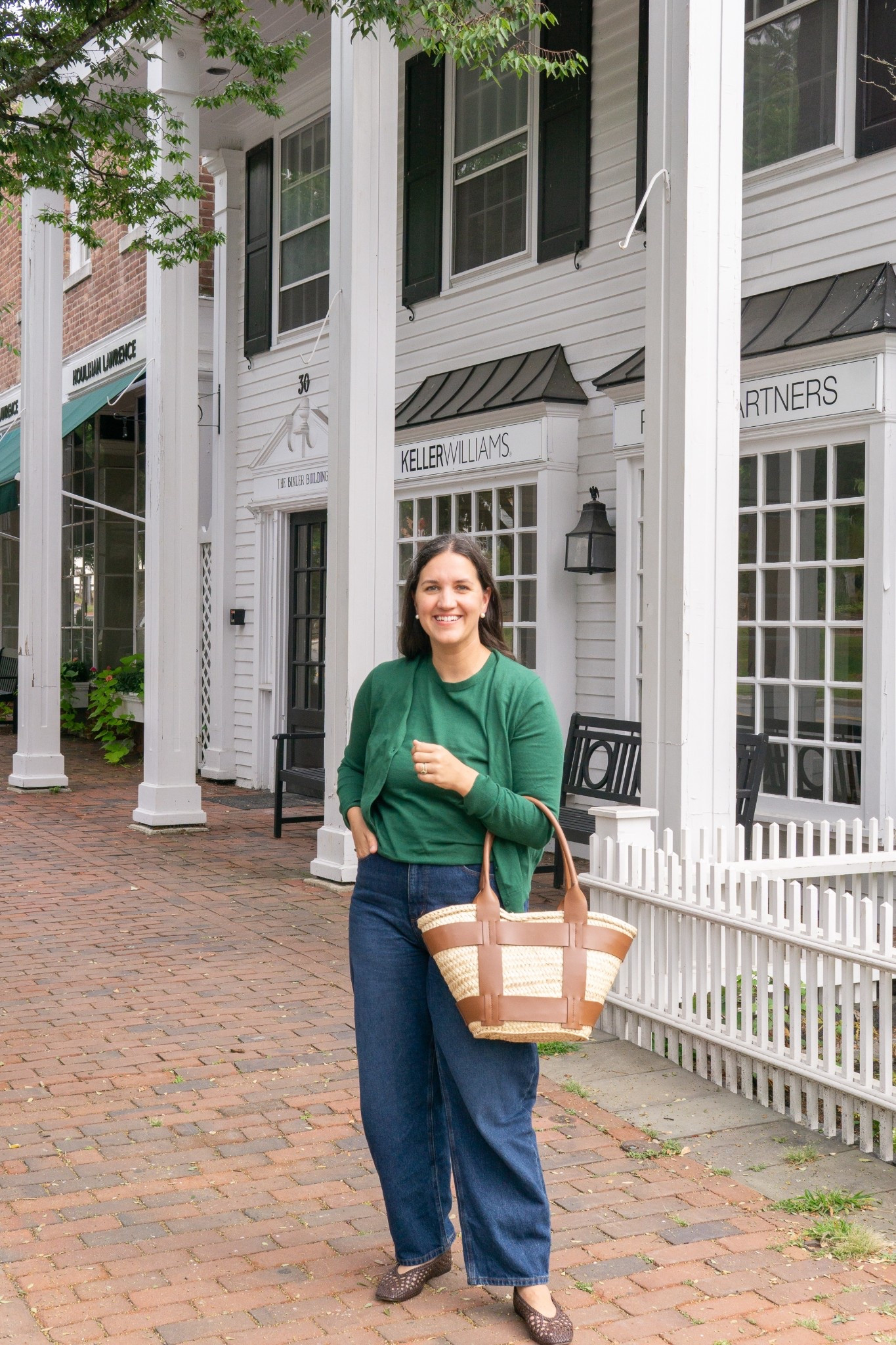 Fall colors, summer comfort. A hunter green sweater set from J. Crew Factory paired with barrel-leg denim and brown woven flats… cozy yet breathable for these early autumn days