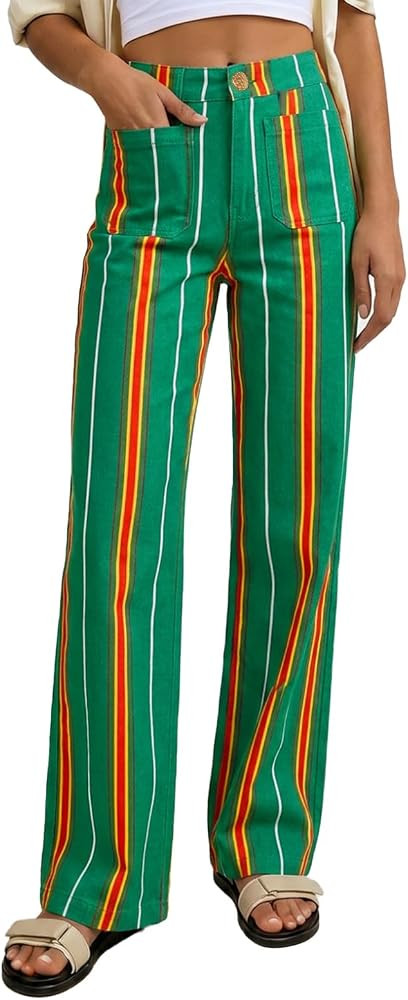 Tankaneo Women's High Waisted Striped Jeans Stretchy Cotton Denim Pants | Amazon (US)