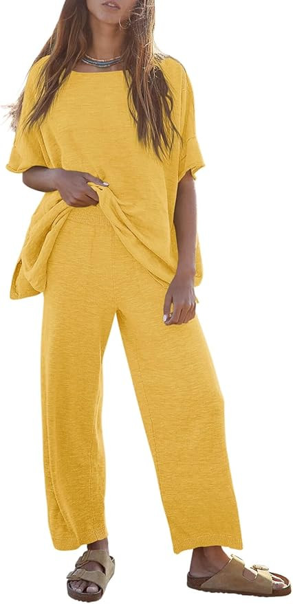 Tankaneo Women's 2 Piece Travel Outfits Casual Short Sleeve Knit Sweater Set Wide Leg Pants Loung... | Amazon (US)