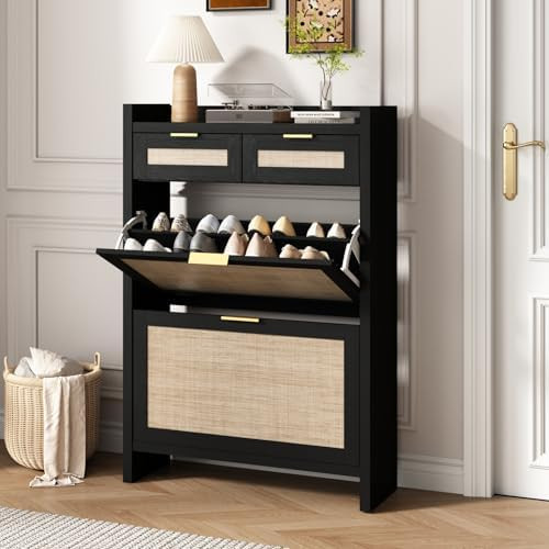 Rattan Shoe Storage Cabinet with 2 Drawers & 2 Flip Drawers – Hidden Slim Shoe Organizer for En... | Amazon (US)