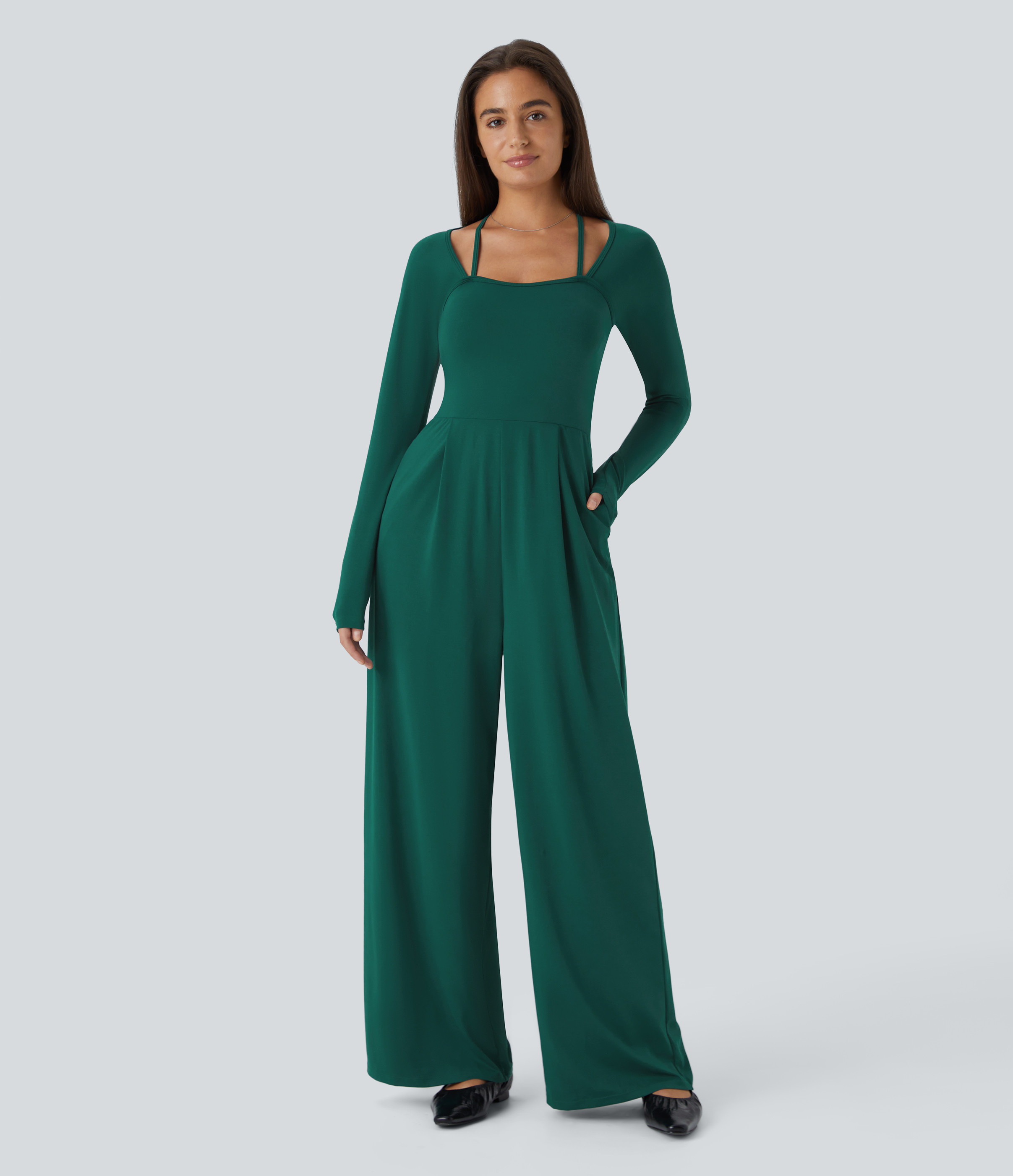 Halara Square Neck Halter Long Sleeve Pocket Wide Leg Casual Jumpsuit-Easy Peezy  - Rain Forest - XS(regular) | HALARA
