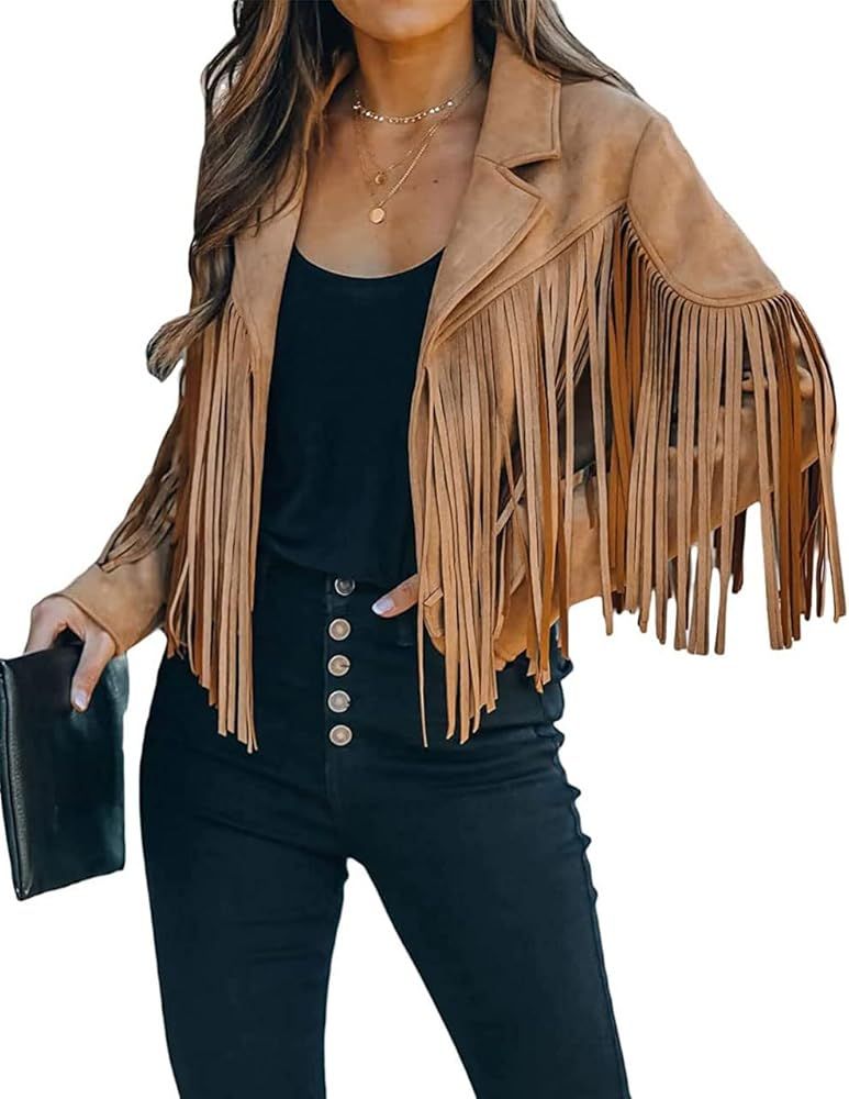 ebossy Women's Suede Fringe Jacket Long Sleeve Slim Faux Leather Boyfriend Cropped Top with Tassl... | Amazon (US)