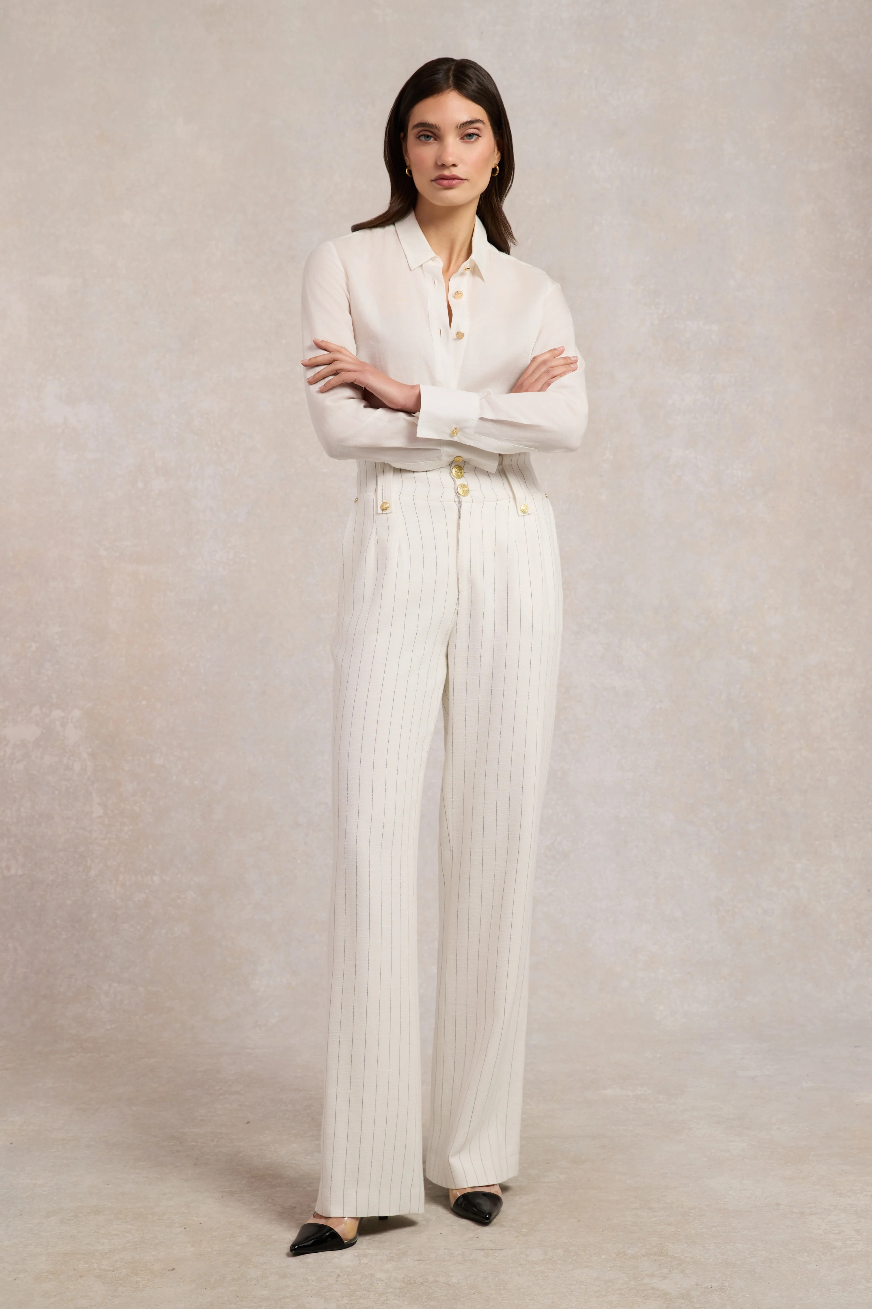 High Waisted Straight Trouser (Oyster Linen Pinstripe) | Holland Cooper