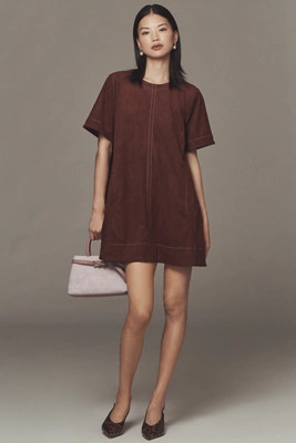 The Emmy Faux-Suede Short-Sleeve Mini Swing Dress by Maeve | Anthropologie (US)