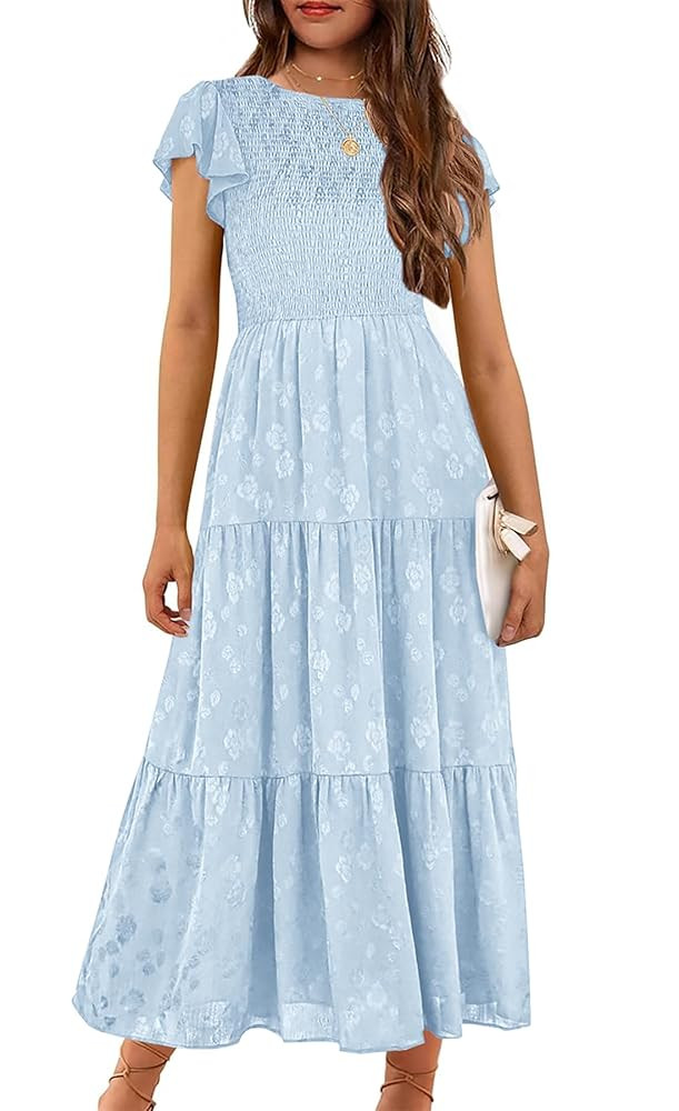 YOVION Flower Girls Dress Elegant Ruffle Sleeve Smocked A Line Tiered Flowy Wedding Guest Maxi Dr... | Amazon (US)