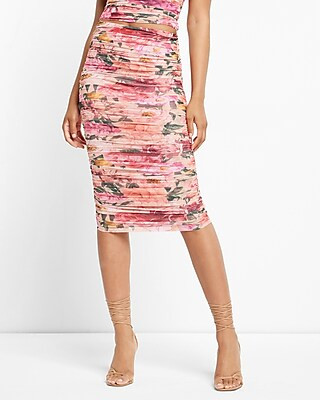 Body Contour Floral Mesh Ruched Midi Skirt With Built-In Shapewear | Express