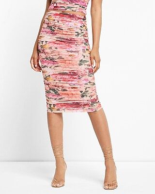 Body Contour Floral Mesh Ruched Midi Skirt With Built-In Shapewear | Express