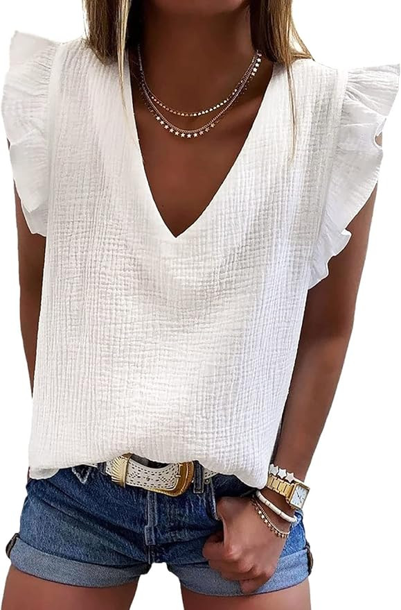 Dokotoo Womens 2025 Cute V Neck Ruffle Sleeveless Shirts Elegant Tank Tops Blouses | Amazon (US)