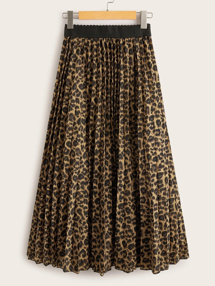 SHEIN VCAY Cheetah Print Elastic Waist Pleated Skirt | SHEIN