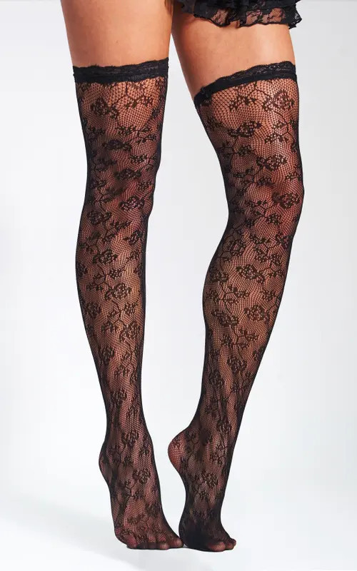 Miss Circle Lace Floral Print Thigh High Stockings in Black at Nordstrom, Size Large | Nordstrom
