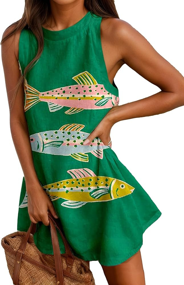 Womens Linen Tank Dress Summer Boho Beach Vacation Mini Dresses Casual Crewneck Novelty Animal Pr... | Amazon (US)