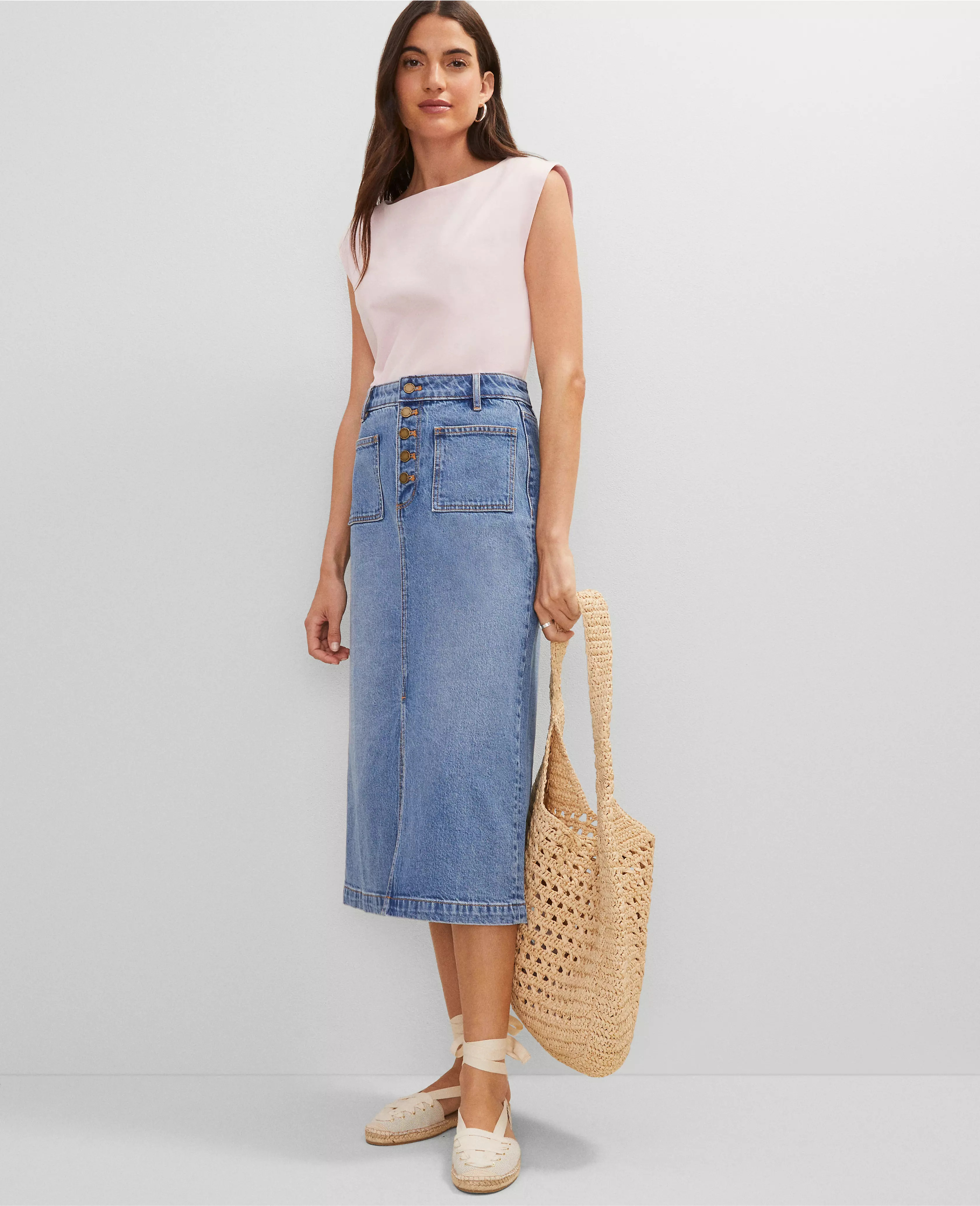 Weekend Collection Patch Pocket Denim Midi Skirt | Ann Taylor