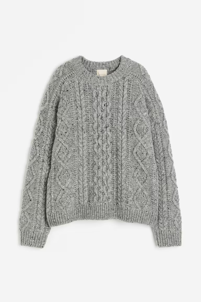 Wool-blend cable-knit jumper - Round neck - Extra long sleeve - Grey - Ladies | H&M GB | H&M (UK, MY, IN, SG, PH, TW, HK)