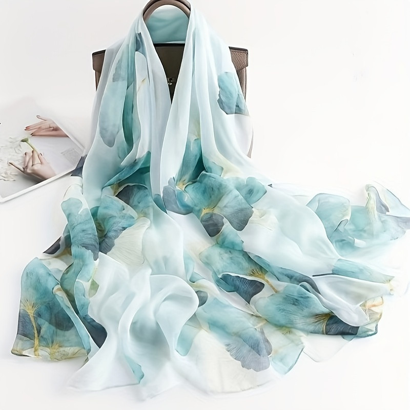 TEMU Lenço com estampa floral azul elegante - Leve, , protetor solar, perfeito para o verão, praia e atitudes casuais, acessório de praia | Acessório elegante | Tecido de poliéster | Temu Affiliate Program