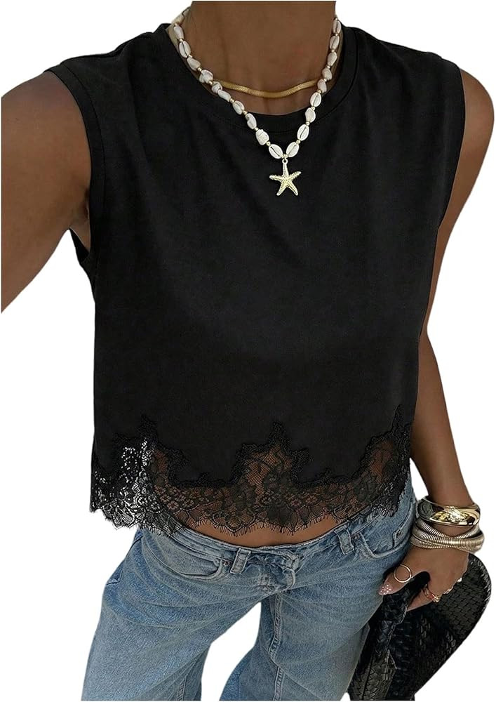Floerns Women's Elegant Lace Tops Sleeveless Tank Trendy Casual Blouses Shirts | Amazon (US)