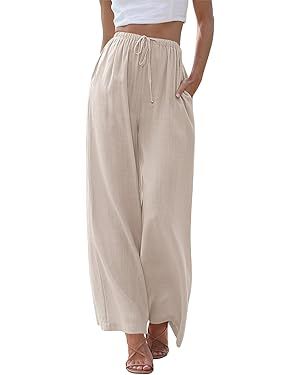 LILLUSORY Women's Linen Summer Palazzo Pants Flowy Wide Leg Beach Pants with Pockets | Amazon (US)