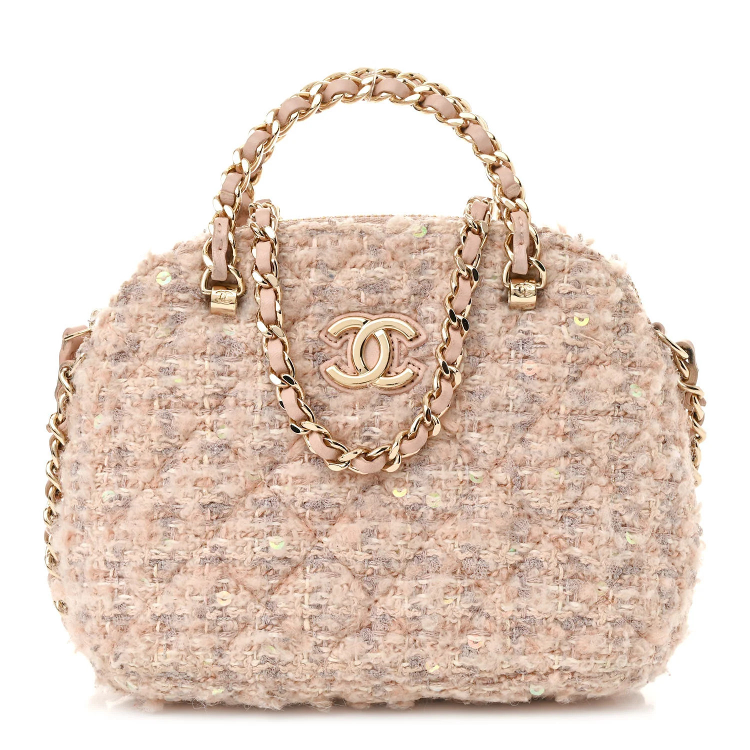 Cotton Wool Tweed Sequin Quilted Shiny Coco Clutch With Chain Light Pink Beige Ecru | FASHIONPHILE (US)