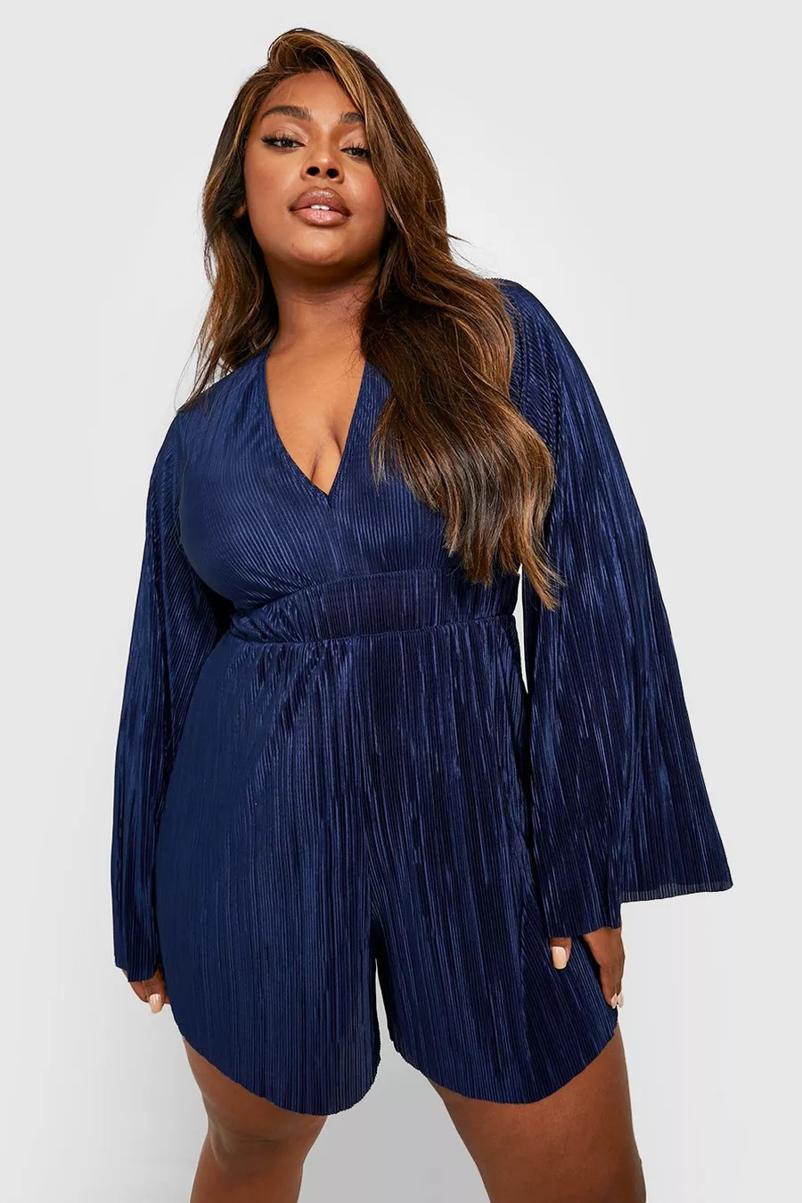 Plus Plisse Plunge Flared Sleeve Romper | Boohoo.com (US & CA)