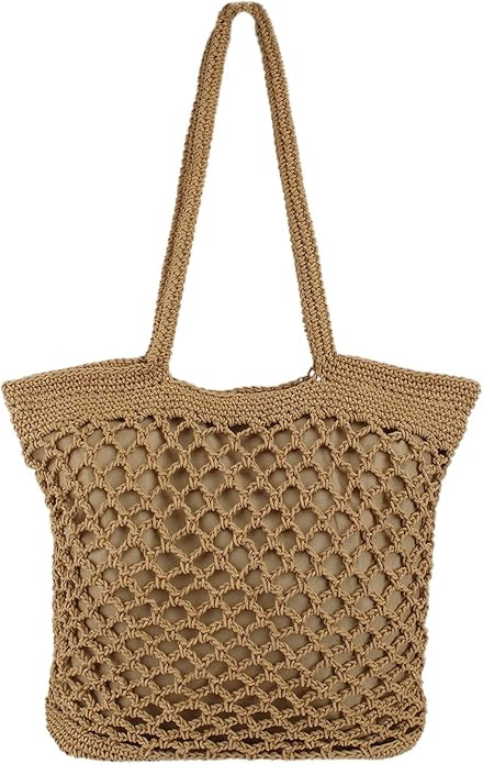 Women Large Cotton Crochet Shoulder Bag Bohemian Beach Travel Handbag Top-handle Bag Tote | Amazon (US)