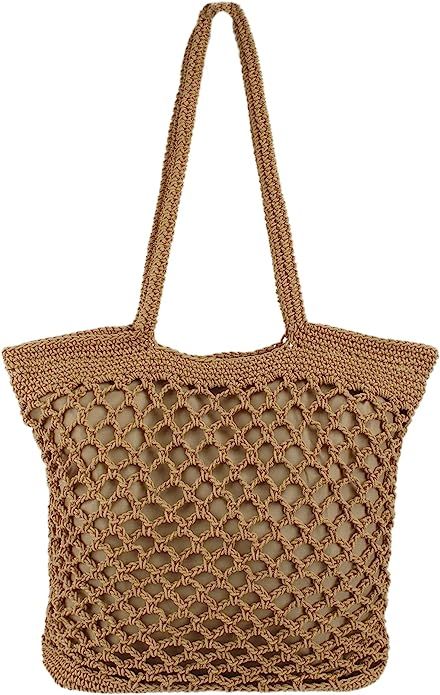 Women Large Cotton Crochet Shoulder Bag Bohemian Beach Travel Handbag Top-handle Bag Tote | Amazon (US)