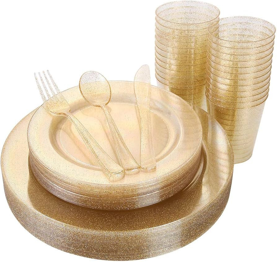 I00000 150PCS Gold Disposable Plates Silverware, Gold Glitter Dinnerware Set Include 25 Dinner Pl... | Amazon (US)