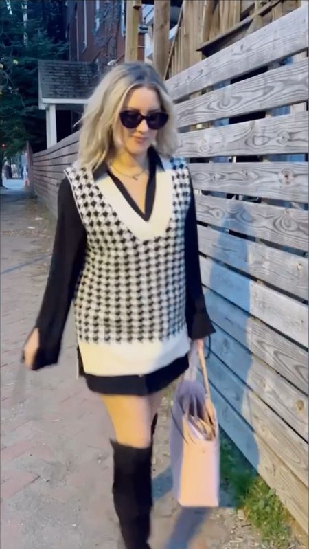 Houndstooth vest outfit for the fall! Loved pairing it with knee high boots and a skirt!

#LTKunder50 #LTKunder100 #LTKworkwear