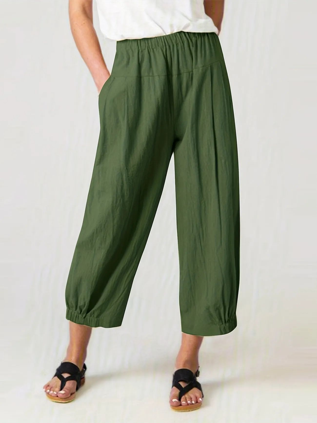 Plus Size Casual Pants, Women's Plus Solid High Rise Elastic Pleated Harem Pants | Temu Affiliate Program
