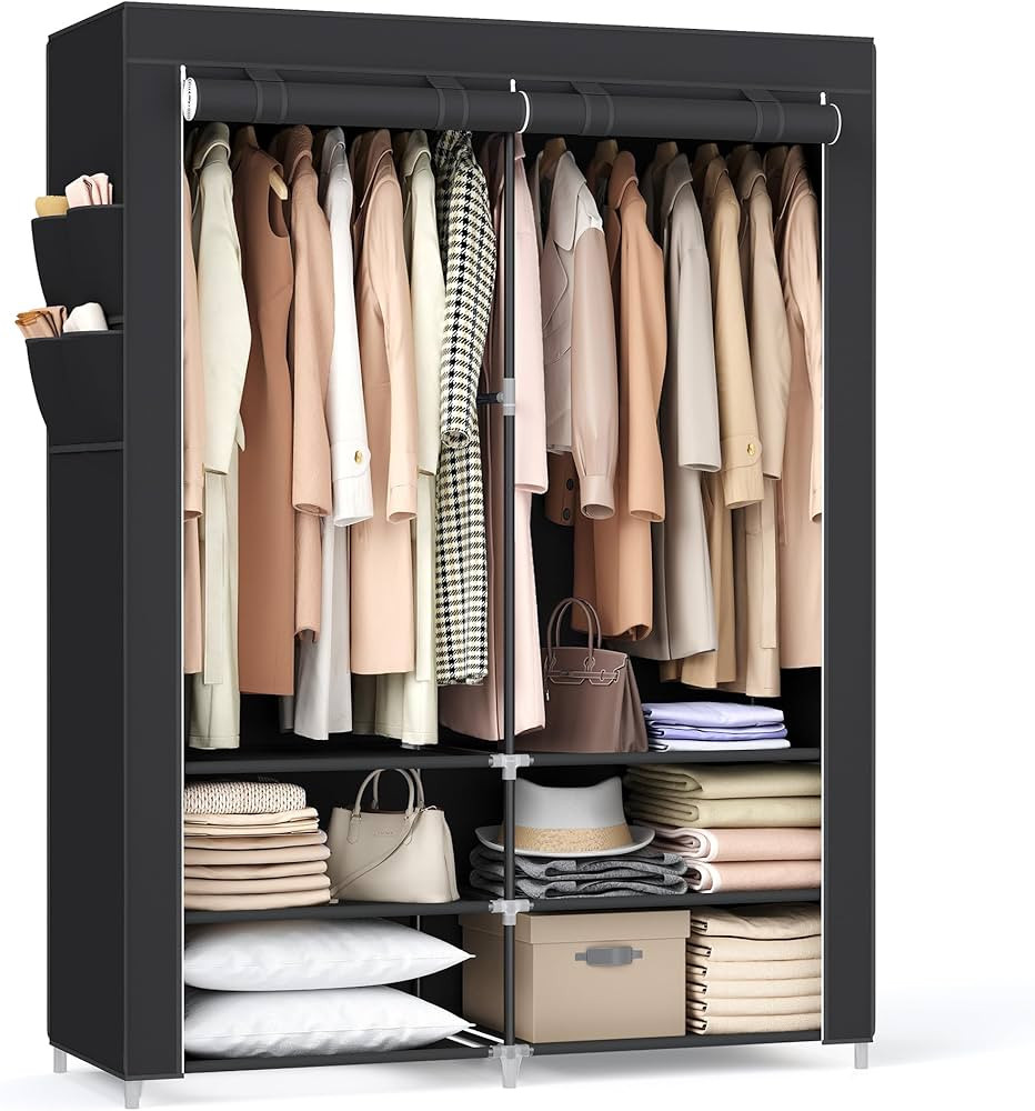 SONGMICS Portable Closet Wardrobe with Shoe Rack and Cover, Closet Storage Organizer, 2 Hanging R... | Amazon (US)