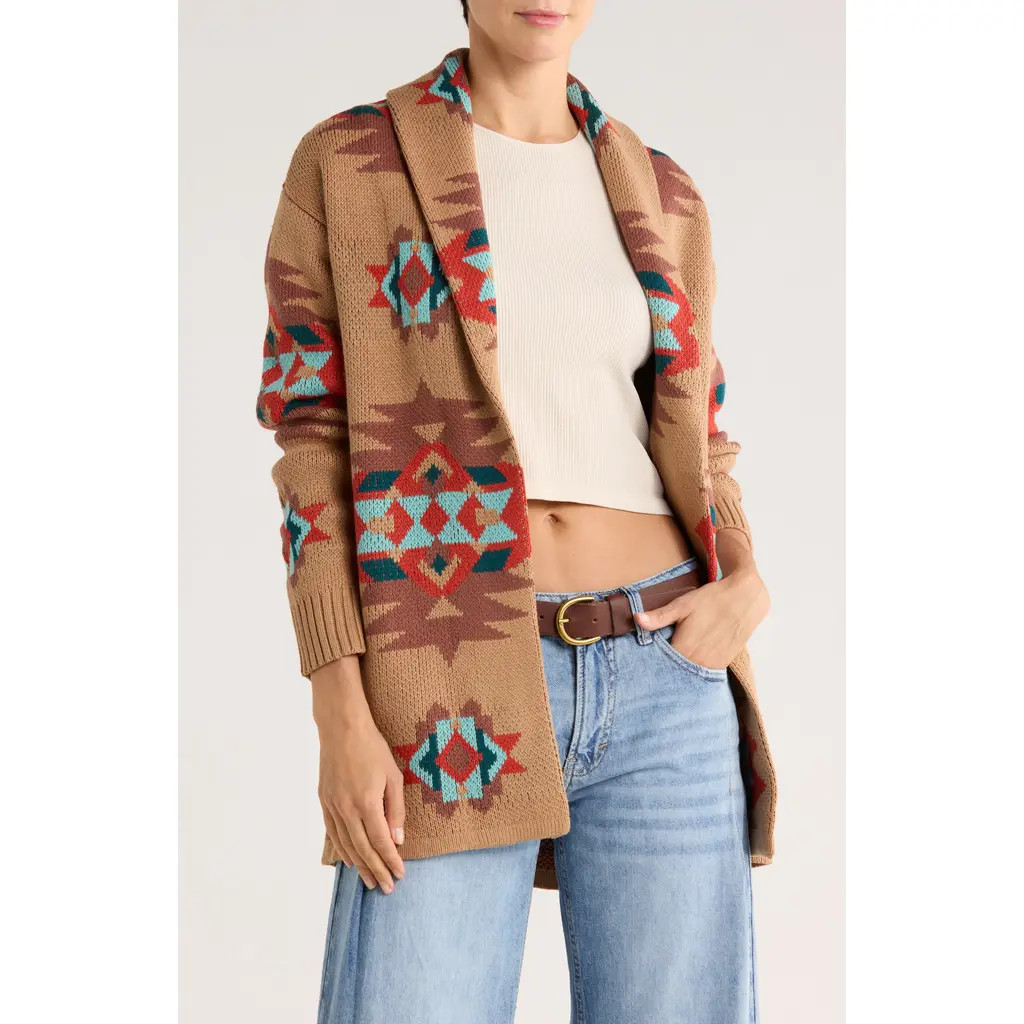 Lucky Brand Novelty Pattern Shawl Collar Open Front Cardigan in Tannin at Nordstrom Rack, Size Me... | Nordstrom Rack