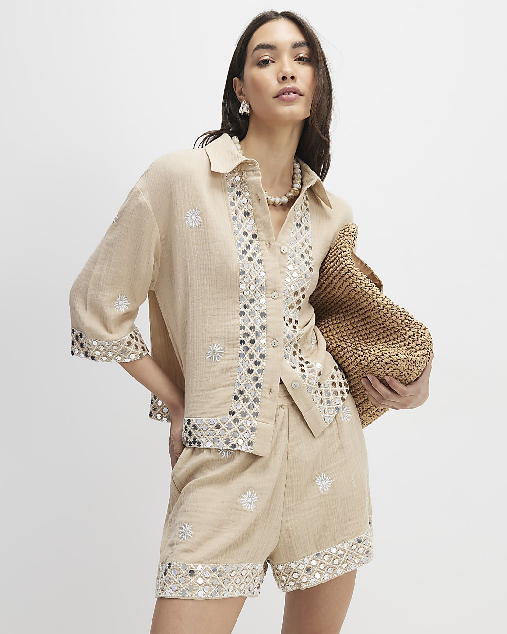 Beige Sequin Embellished Beach Shorts | River Island UK & IE