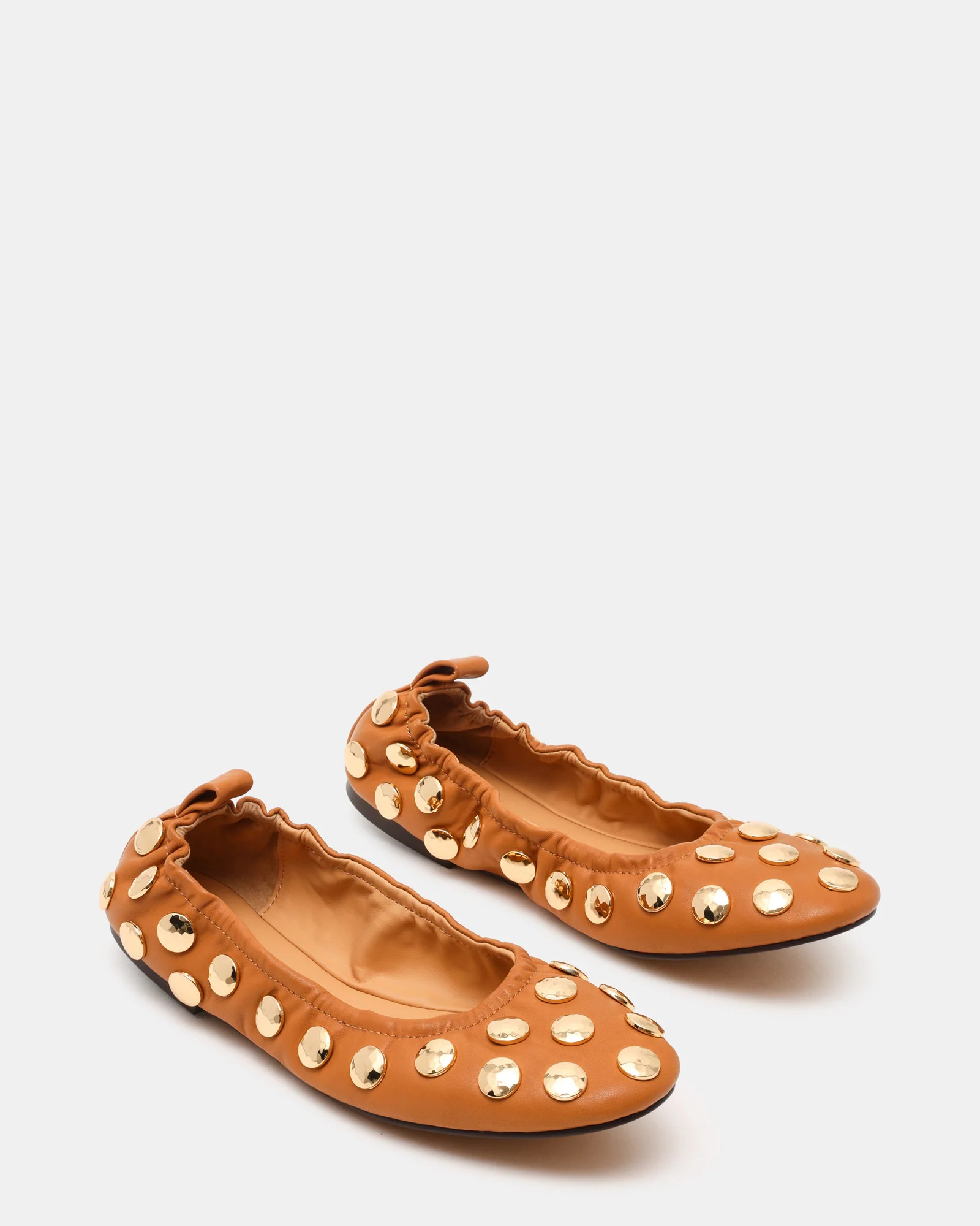 LANTA Tan Leather Studded Gold-Detail Round-Toe Women's Flat | Steve Madden (US)