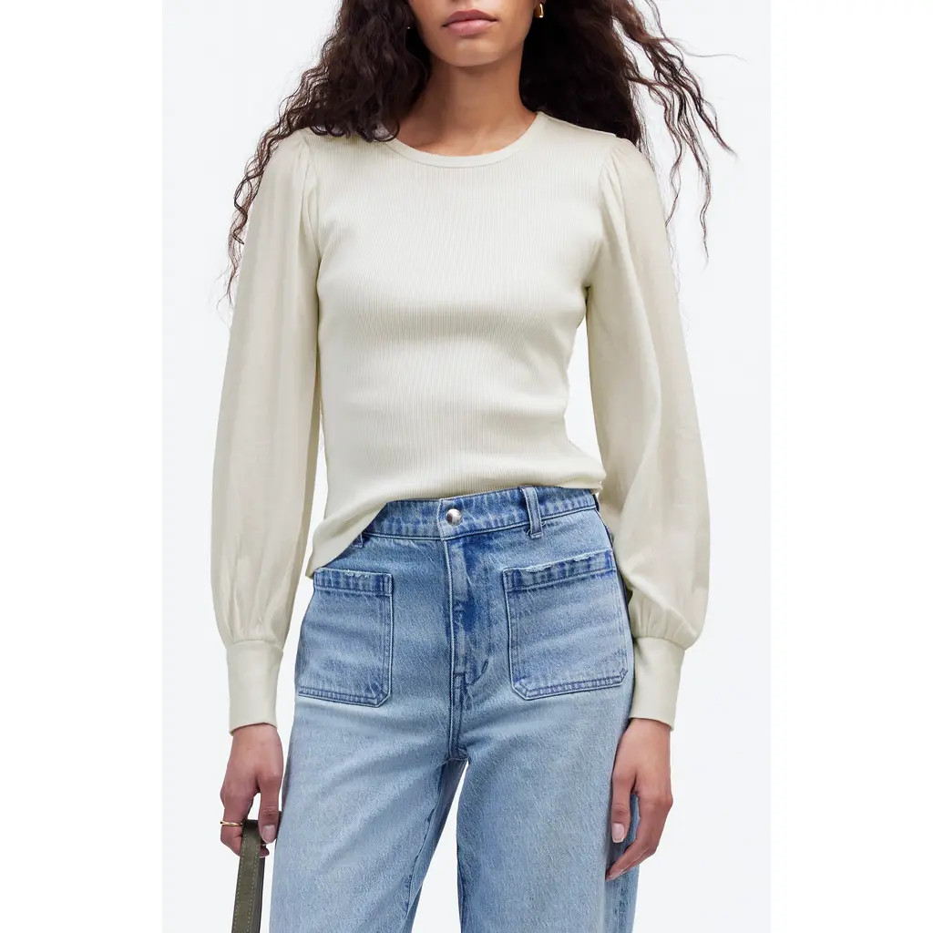Madewell Puff Sleeve Rib Top in White at Nordstrom Rack, Size Large | Nordstrom Rack