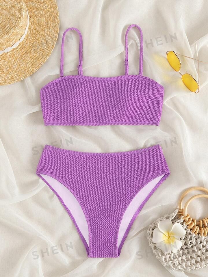 SHEIN Swim Summer Beach Plain Textured Bikini | SHEIN