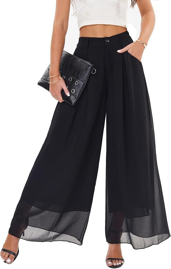 heipeiwa Women's Chiffon Wide Leg Palazzo Pants Flowy Casual Beach Party Dress Long Pants Trouser | Amazon (US)