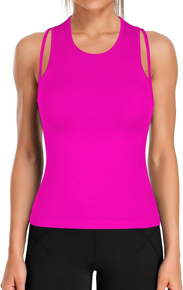 ATTRACO Womens Workout Top Ribbed Yoga Tops Double Strap Workout Running Tank Crop Tops | Amazon (US)