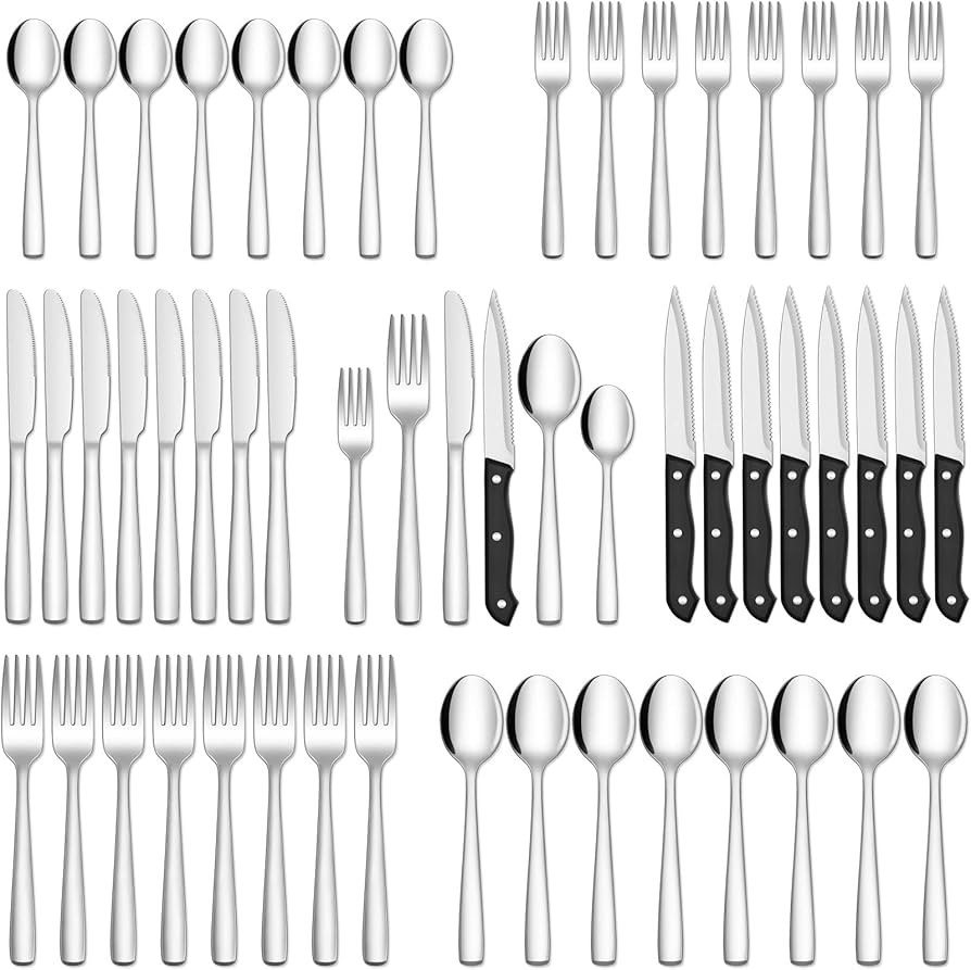 HIWARE 48-Piece Silverware Set with Steak Knives for 8, Stainless Steel Flatware Cutlery Set For ... | Amazon (US)