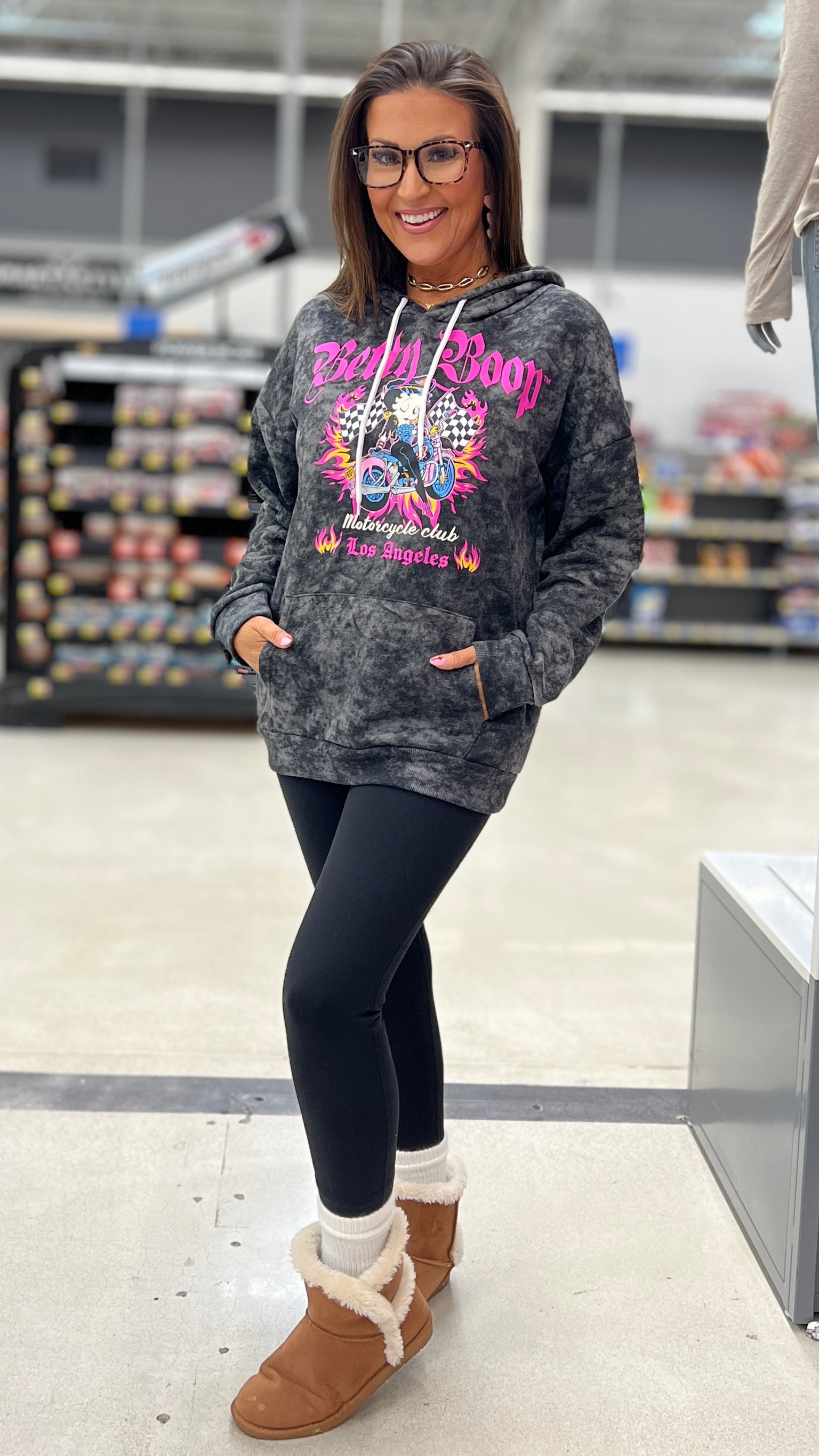Betty Boop hoodie - wearing a large
 
Black leggings, crew socks, blue light glasses, casual outfit 

#LTKstyletip #LTKfindsunder50