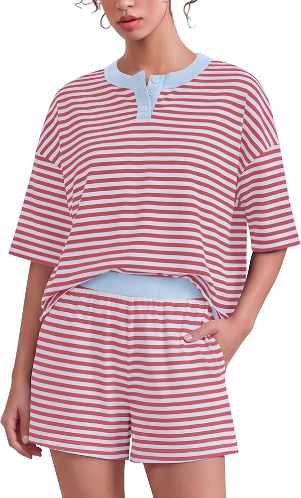 Striped Henley TShirts 2 Piece Short Sets for Women Cropped Boxy Short Sleeve Tee Wide Leg Shorts... | Amazon (US)