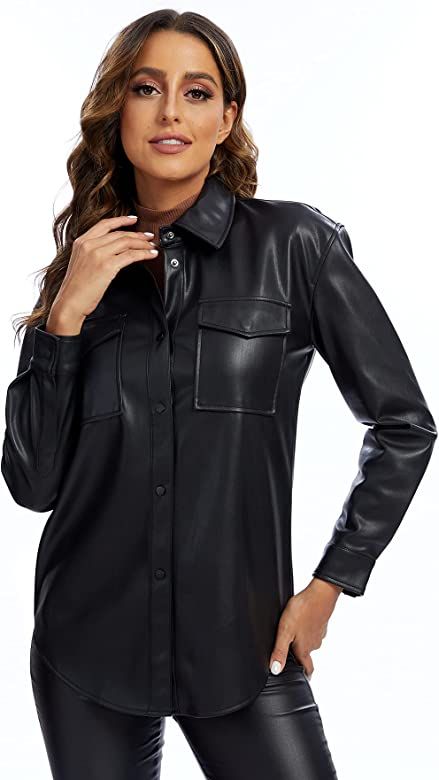 Women Faux Leather Jacket Soft Snap Button Down Shirt Shacket with Pocket, Regular and Plus Size | Amazon (US)
