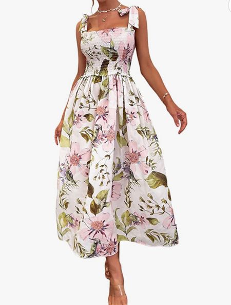 Floral midi dress, Sun dress, smocked dress, tie shoulder dress, grandmillennial dresses, Amazon dresses 

#LTKunder50 #LTKunder100 #LTKSeasonal