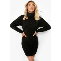 Womens Cable Knit Turtleneck Sweater Dress - Black - L | boohoo (US & Canada)