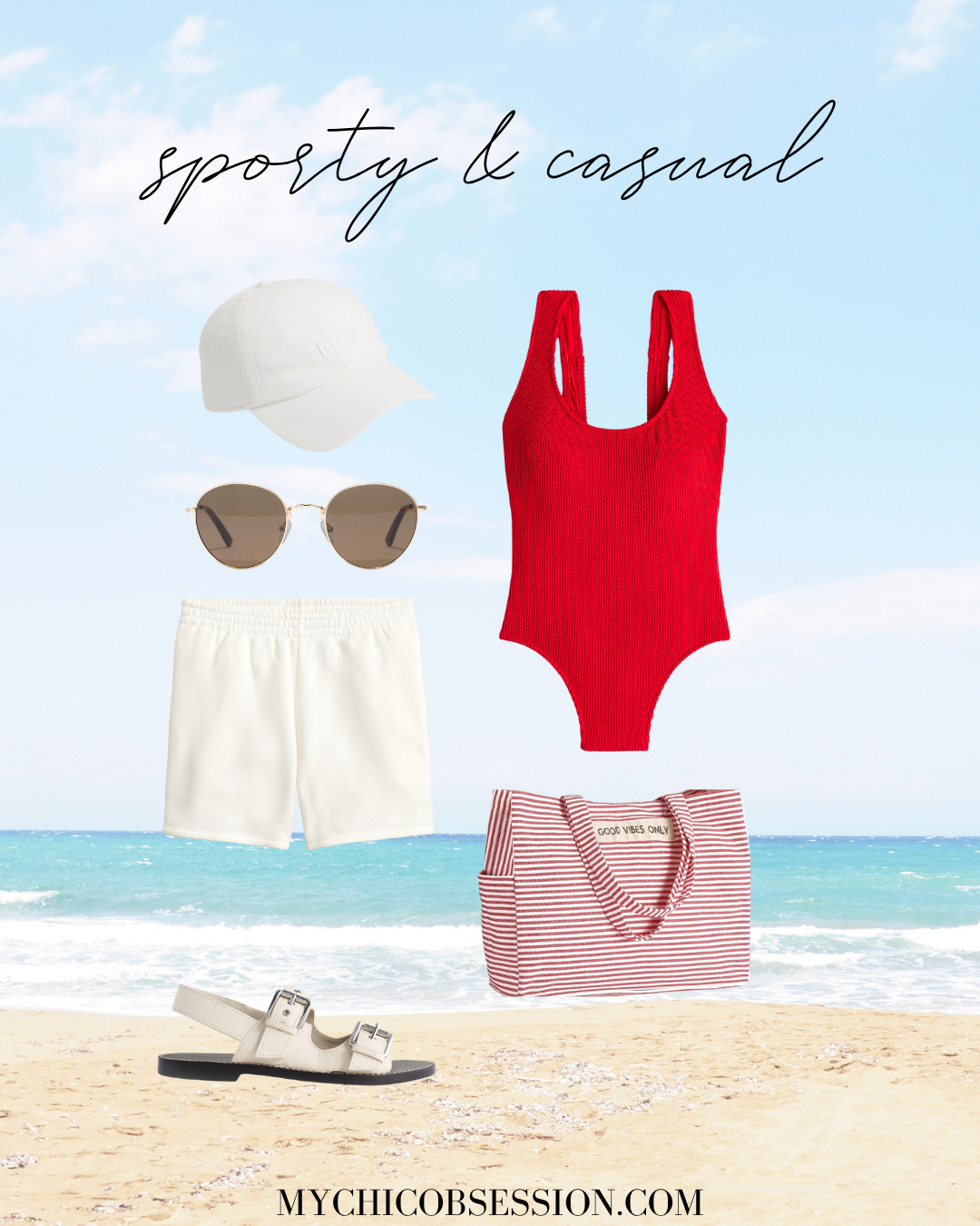 If you love a sporty and casual look, try this summer outfit. Pair a chic red one-piece swimsuit with a striped tote bag, comfy white shorts, strappy sandals, a baseball cap, and gold-rimmed sunglasses for an effortlessly chic outfit idea. 

 #LTKSeasonal #LTKStyleTip #LTKShoeCrush