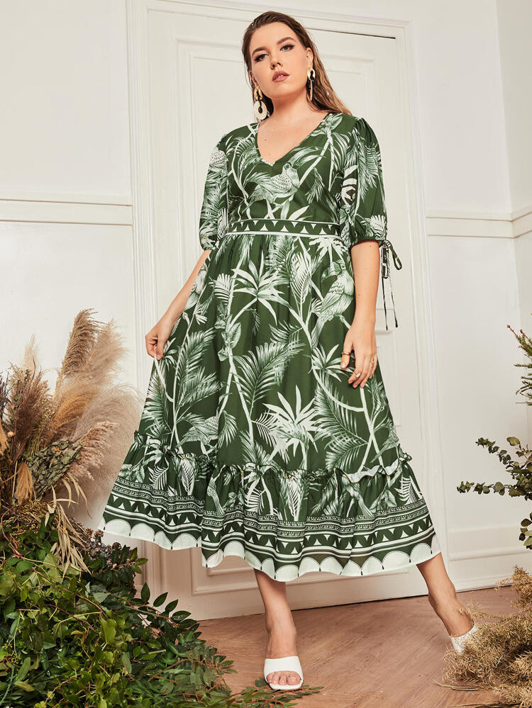Plus Bird And Plant Print Tie Cuff Dress | SHEIN