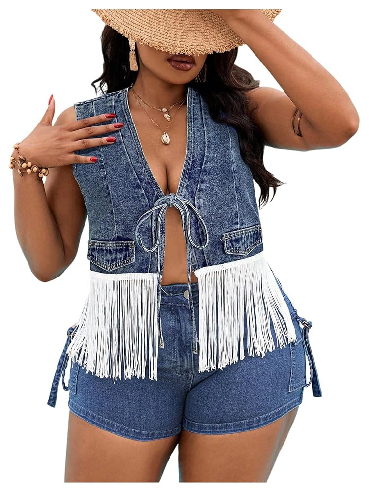 MakeMeChic Women's Plus Size Cowgirl Fringe Denim Vest Western Tie Front Sleeveless Jean Jacket | Amazon (US)